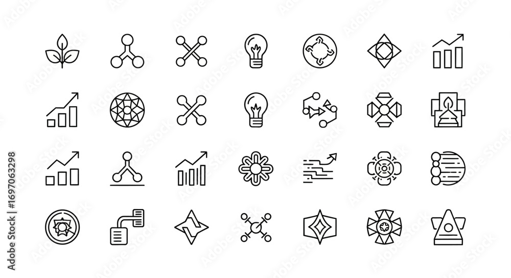 Poster vector icons set of business growth strategy and innovation line icon set. eps editable