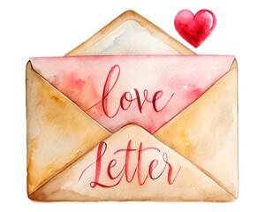 Watercolor love letter envelope with a heart and calligraphy text isolated on white background, romantic message for valentines day or special occasion