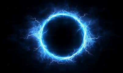 
Stunning photo of electric blue lightning frame with plasma portal on dark background. Round glowing sphere with neon strikes. Energy circle border with flash spark effects.


