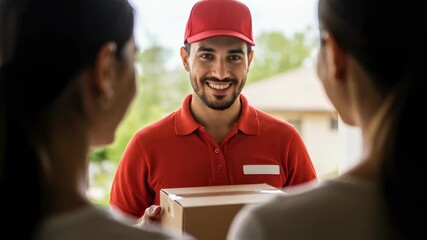 Happy man delivery service courier handing over cardboard box to a woman customer at home door, smiling male postal worker. footage