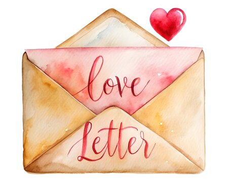 Watercolor love letter envelope with a heart and calligraphy text isolated on white background, romantic message for valentines day or special occasion