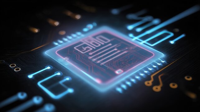 Closeup of the back of a smart label focusing on the adhesive side revealing embedded RFID technology alongside printed circuit paths designed for easy integration with tracking systems.
