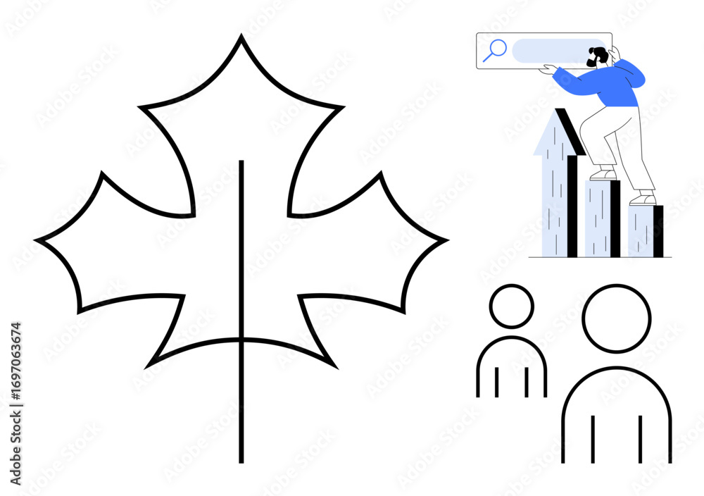 Poster abstract maple leaf, man climbing bar graph searching through magnifier, and two minimalist human fi