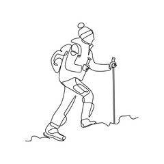Obraz premium Continuous line drawing of man traveling backpack. Single one line art of woman hiking on top of mountain. Vector illustration editable stroke
