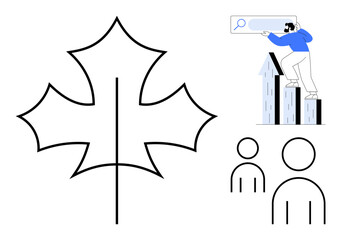 Abstract maple leaf, man climbing bar graph searching through magnifier, and two minimalist human figures. Ideal for teamwork, growth, Canada, innovation, ecology leadership sustainability. Simple