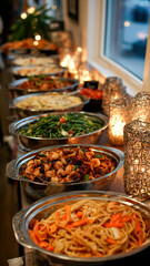 Obraz premium Buffet line showcasing a variety of Asian-inspired dishes in chafing dishes, lit by decorative candle holders, suitable for an event