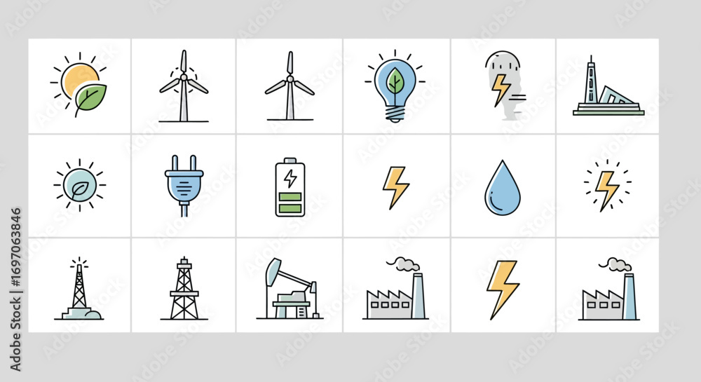 Poster vector icons set of colorful line icon set of energy and power sources. eps editable