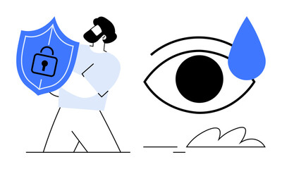 Person holding blue shield with lock, eye with teardrop, abstract bush. Ideal for security, privacy, protection, data safety, emotional control, digital trust simple flat metaphor