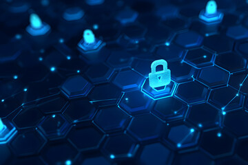 modern conceptual hi tech, mechanical technology cybr security privacy informaion network concept isometic protection digital netwrk internet link on hi tec blue future background