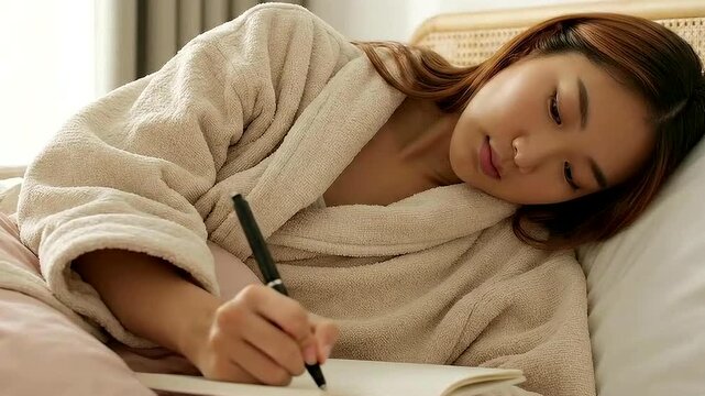 Young woman writing in a journal while lying in bed