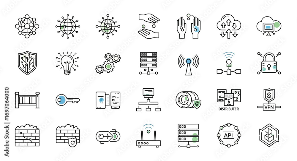 Aufkleber vector icons set of cyber security and network technology thin line icon set. eps editable