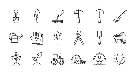 Vector Icons Set of Farming and gardening equipment thin line icon set. EPS Editable