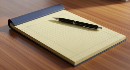 A Professional Pen Rests on a Yellow Notepad on a Wooden Desk Surface
