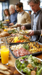 Obraz premium Buffet of fresh food. People line up at a buffet filled with vegetables, bread, cheese, and other savory food on trays.