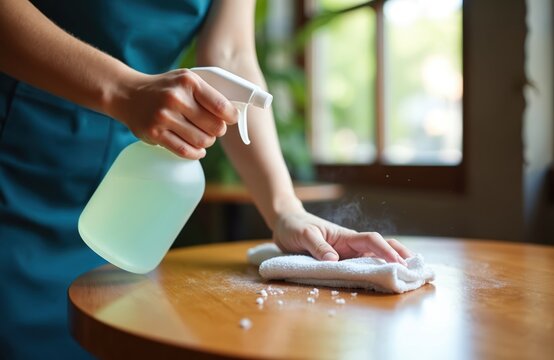 Cafe employee cleans table with disinfectant spray, rag. Focus on hygiene for visitor safety. Image signifies restaurant cleanliness, staff responsibility, health protection in food service