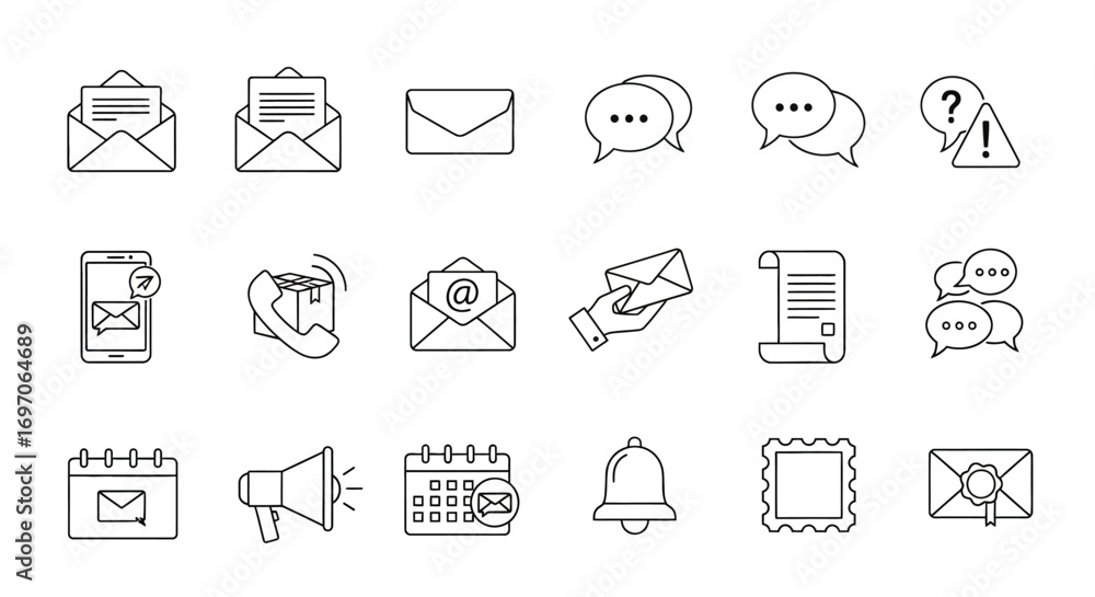 Poster vector icons set of hand drawn communication and messaging line art icon set. eps editable