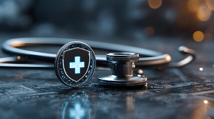 A digital shield with a medical cross symbol sits ona stethoscope, representin the importance of protectng patient data and ensurig secure healthcare practies.