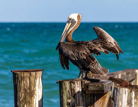 Brown pelican perched on a pier, wings spread
