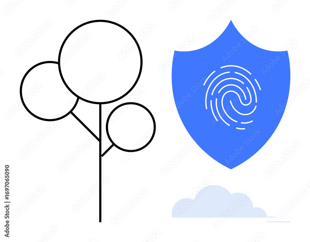 Poster blue shield with fingerprint beside minimalistic tree and small cloud. ideal for data security, prot
