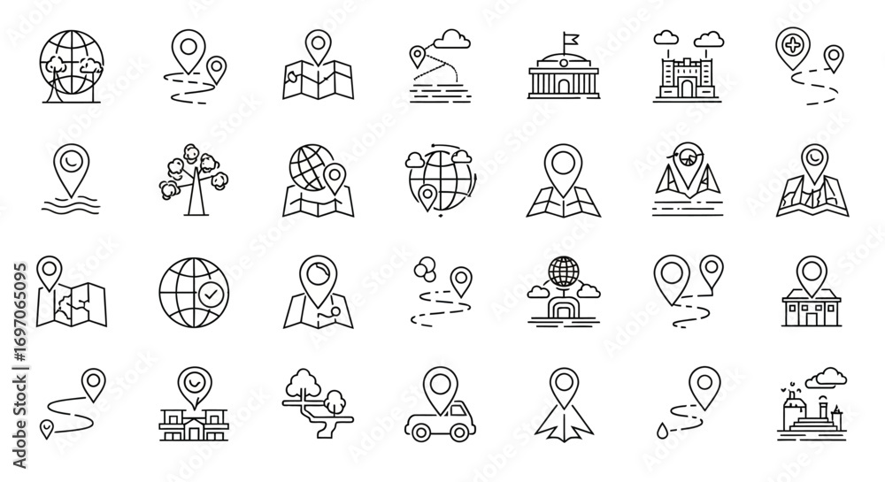 Poster vector icons set of hand drawn map and location icon set doodle style. eps editable