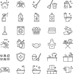 House Cleaning icon set. Housekeeping related line icons: washing, vacuum cleaner, detergent, cleaning