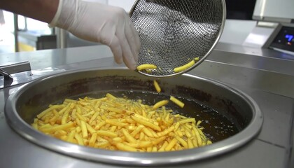 French fries being fried in a commercial fryer