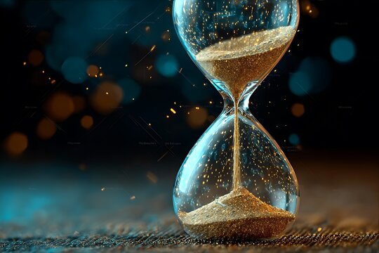 Suspended hourglass with sand turning into digital bytes, on a time space continuum background, merging of time and technology. High