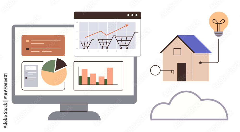 Aufkleber computer screen with graphs and pie charts, shopping analytics, house with smart key and lightbulb, 