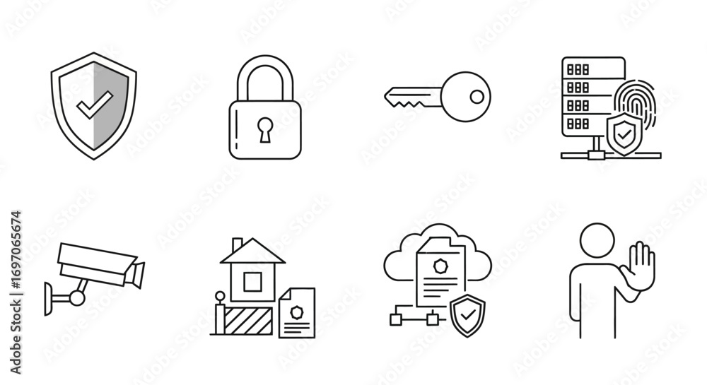 Poster vector icons set of security and protection thin line icon set for web and mobile. eps editable