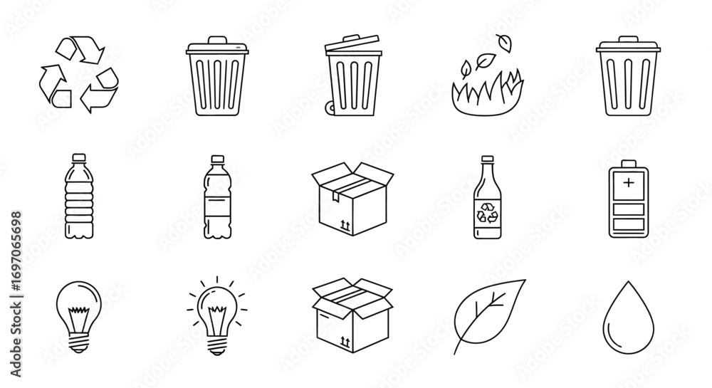 Poster vector icons set of set of hand drawn icons for ecology and waste sorting. eps editable