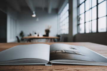 sleek book with augmented reality captions features blurred white text bars highlighting modern minimalist office