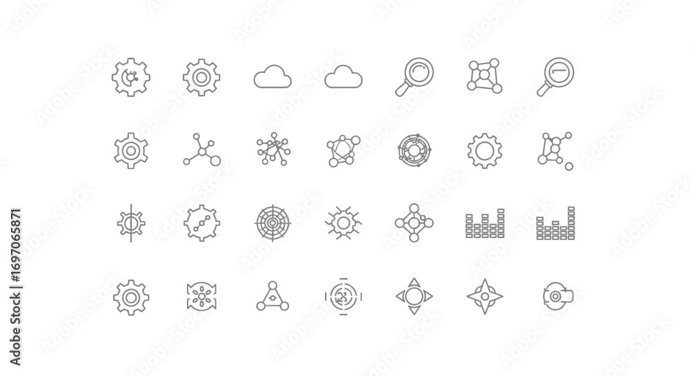 Poster vector icons set of technology and data science thin line icon set with gears networks and analytics