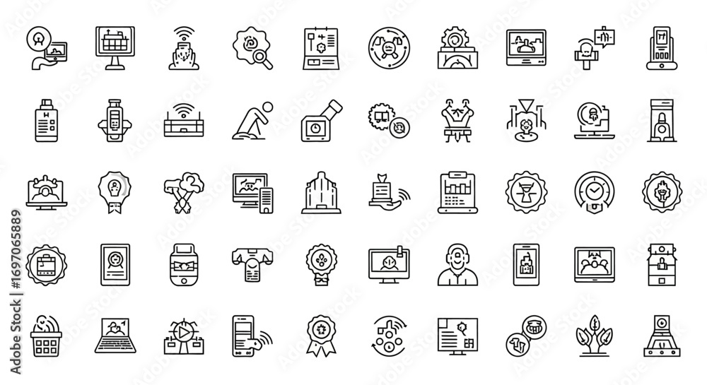 Poster vector icons set of technology business and cybersecurity outline icon set collection. eps editable