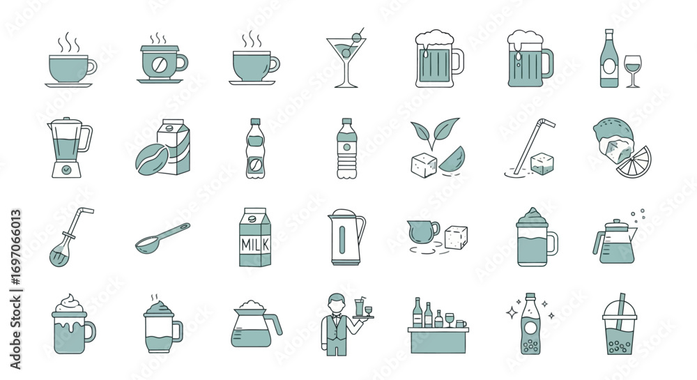 Poster vector icons set of vector line art icon set of various drinks and beverages. eps editable