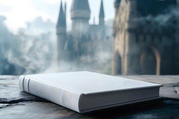 blank book mockup with a magical castle in the background, fantasy concept of imagination, storytelling, creativity, and dreamlike inspiration for book design or illustration projects