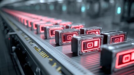 An array of battery cells lined up on a conveyor belt each displaying glowing indicators that signify the successful embedding of blockchain chips set against a stark industrial background.