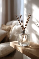 Sleek reed diffuser bottle with natural light in bright and cozy interior setting featuring soft textures and warm tones