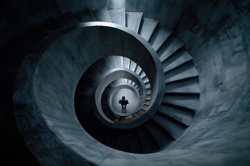 Fototapeta premium Elegant spiral staircase with one person standing at the bottom center viewed from top perspective in symmetrical architectural design