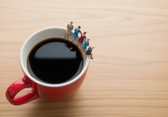 Miniature business people discussing on coffee cup rim