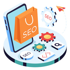 Seo shopping icon in isometric design isolated on white background