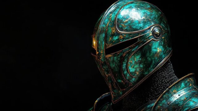 Close-up of ornate, teal-colored armor