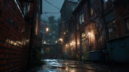 Rain-soaked alleyway with illuminated lights creating a somber and atmospheric cityscape view