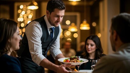 Waiter serving main course dish to two women and one man dining in restaurant with warm lights, hospitality footage. - Powered by Adobe
