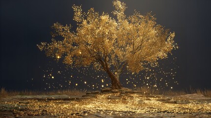 Golden tree shedding light, creating a magical landscape under a dark sky.