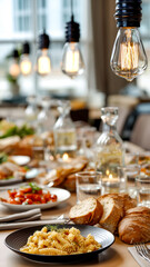 Elegant table setting with pasta, bread, and decorative lighting for a warm, inviting ambiance.