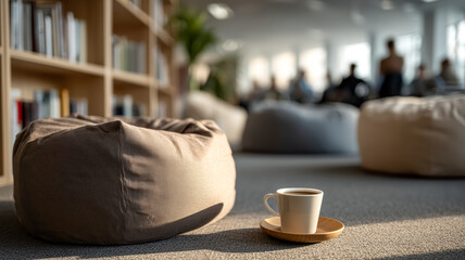 Cozy coffee break in a relaxed lounge setting with beanbag chairs and sunlight. A peaceful and comfortable atmosphere.