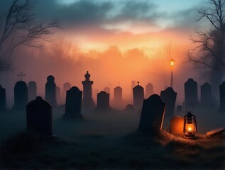 Lantern-lit graveyard at dawn, mist and memory