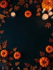 Pumpkins, candles, leaves, and webs frame darkness