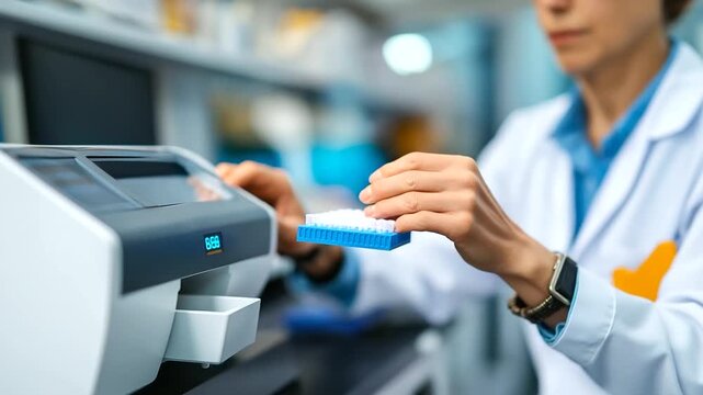 Molecular diagnostics specialists perform PCR testing using thermal cyclers and genetic sequencing equipment analyzing DNA samples for hereditary diseases and cancer biomarkers