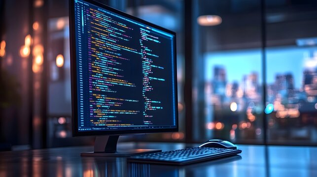 Modern computer with algorithm code on screen representing technology services, programming, data analysis, and software development using Python language in a professional workspace